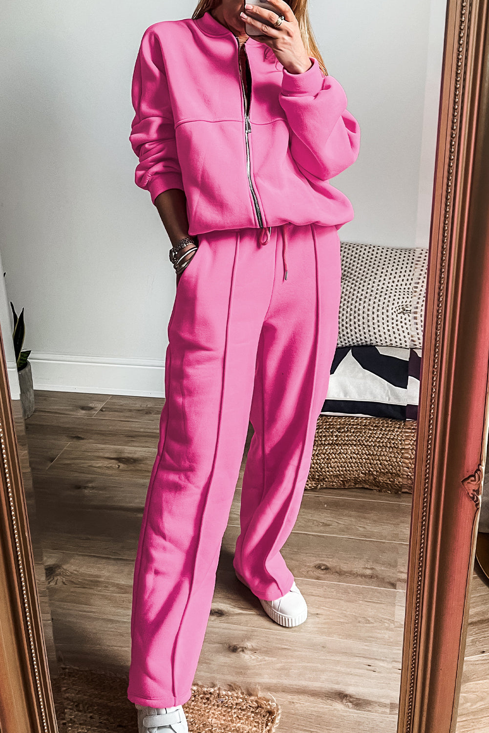 Taylor – Solid Seamed Zipper Jacket and Drawstring Waist Pants Set