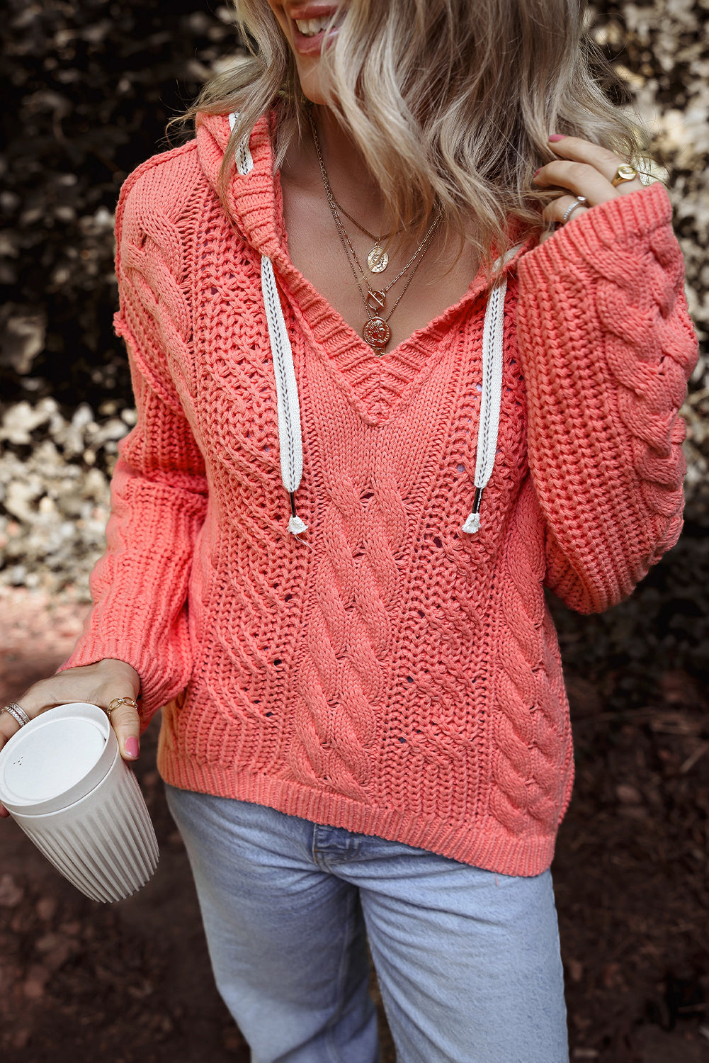 Heidi – Cable Knit Hooded Sweater with V-Neck and Drawstring
