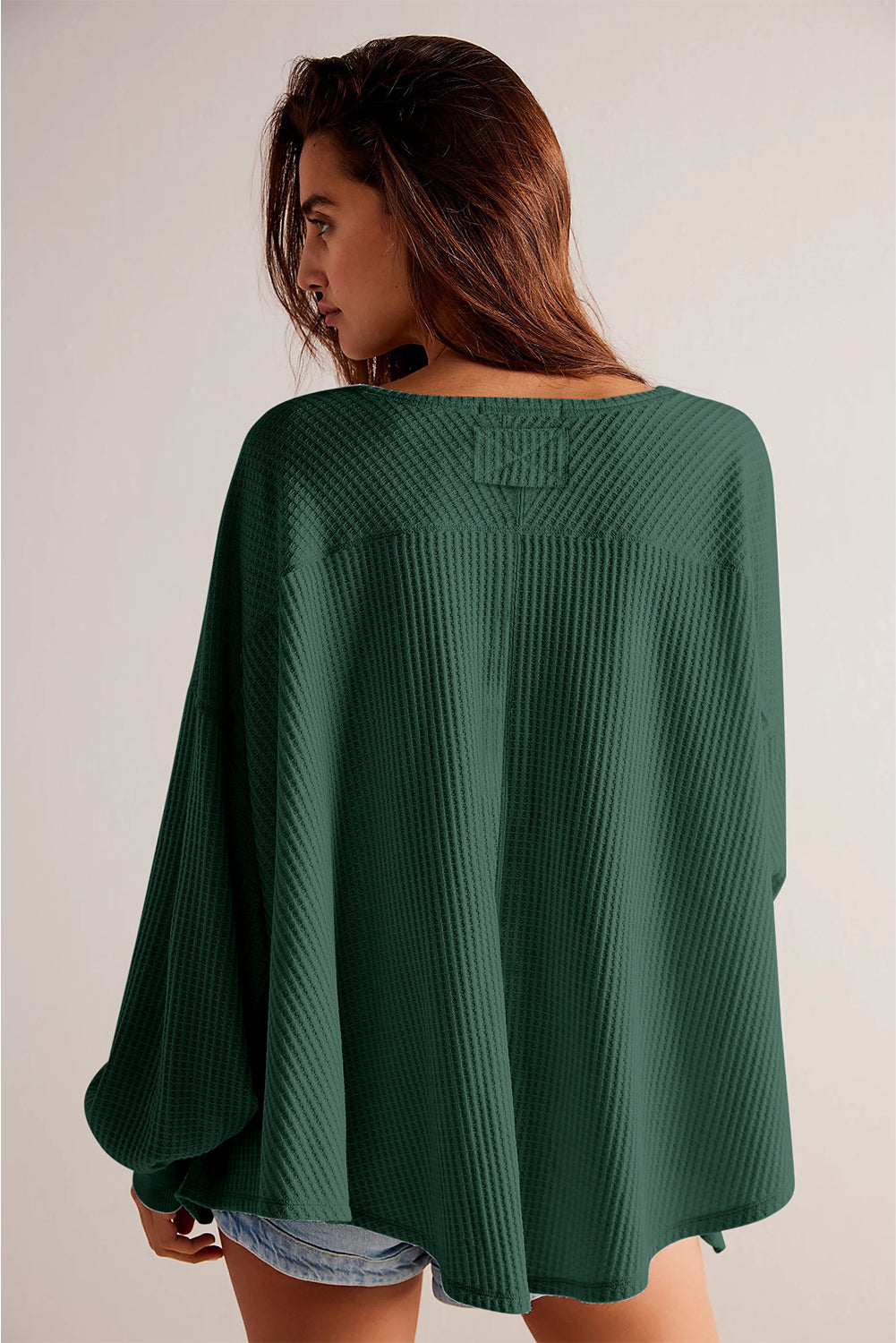 Danna – Waffle Knit V-Neck Drop Shoulder Loose Fit Blouse