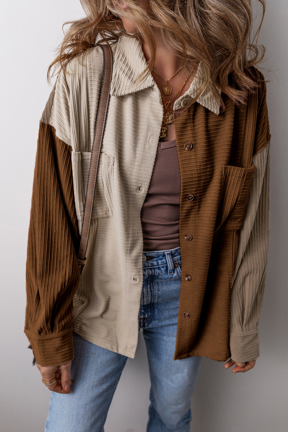Regina – Corduroy Color Block Button-Up Shacket with Chest Pockets
