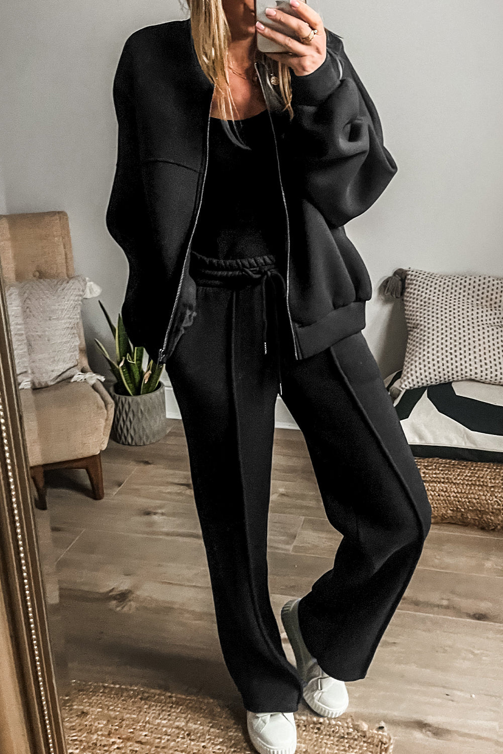 Taylor – Solid Seamed Zipper Jacket and Drawstring Waist Pants Set
