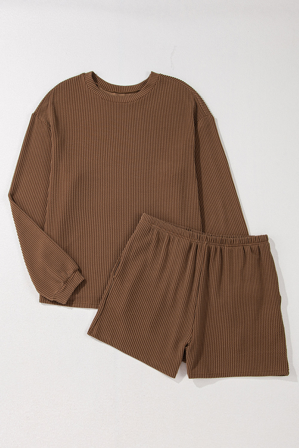 Lena – Corded Knit Long Sleeve Top and High Waist Shorts Set