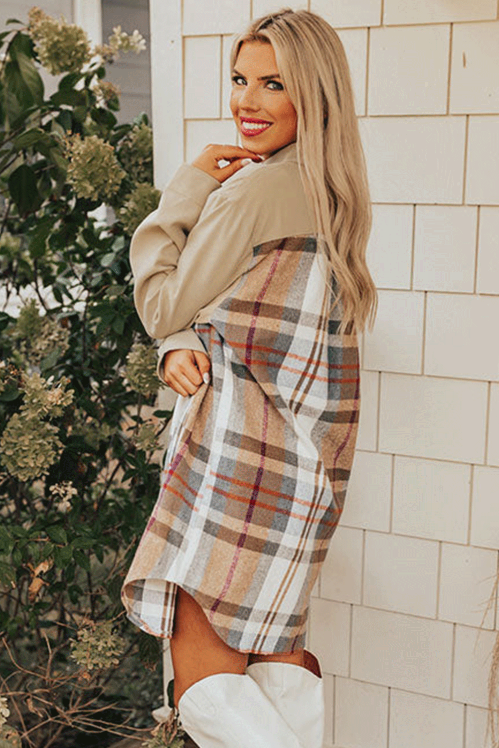 Adelaide – Khaki Plaid Patchwork Long Sleeve Shirt Mini Dress