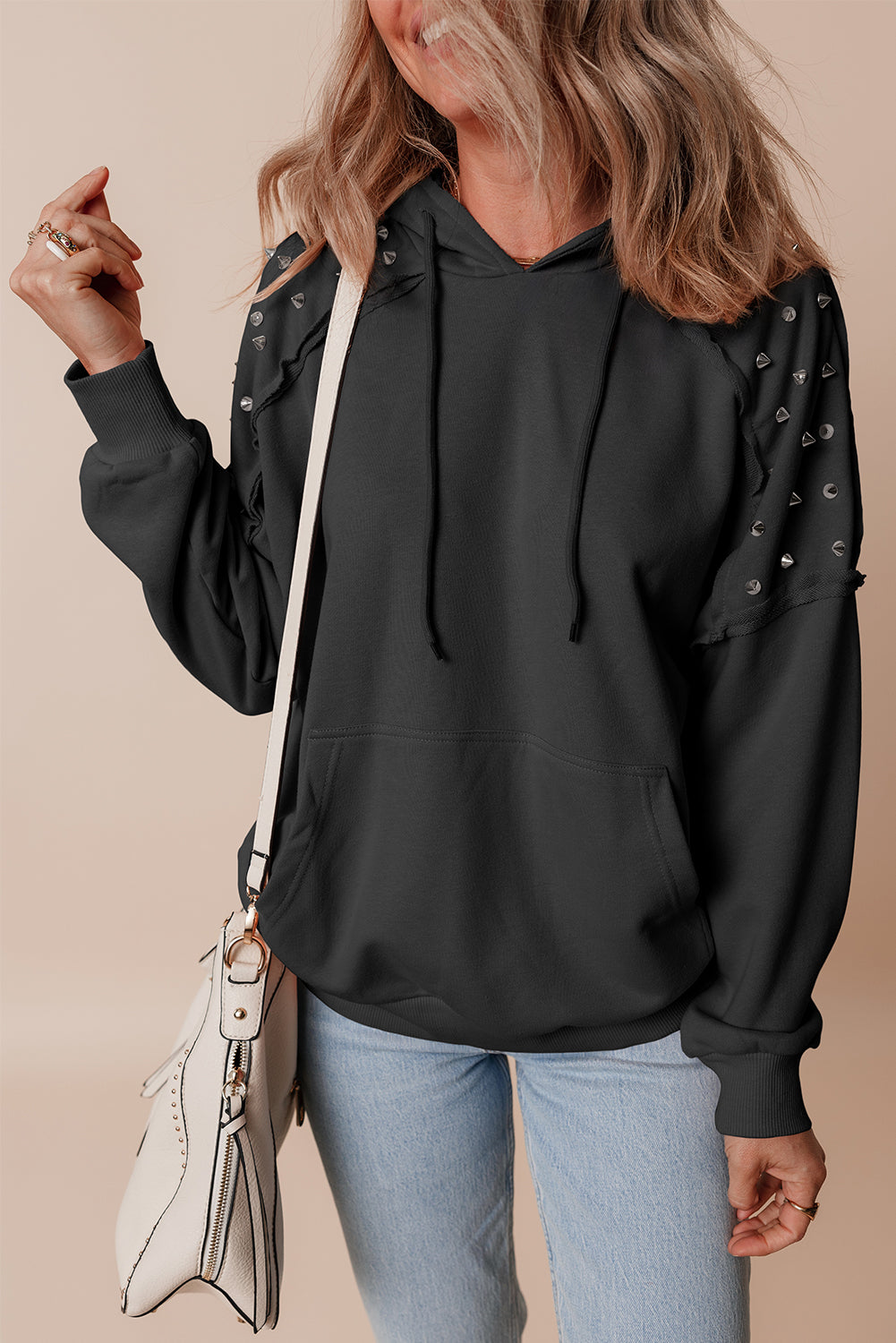 Elise – Solid Color Rivet Stud Raglan Sleeve Hoodie with Pocket