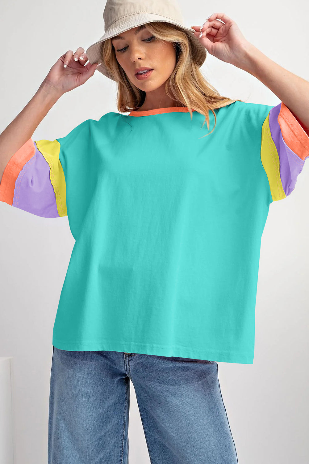 Delaney – Color Block Oversized Top with Raw Stitch Sleeves