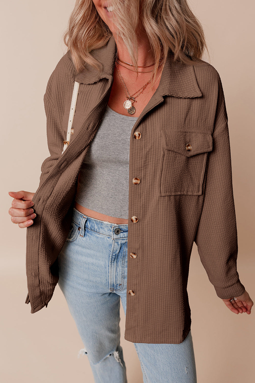 Jocelyn – Corduroy Button-Up Shacket with Flap Pockets