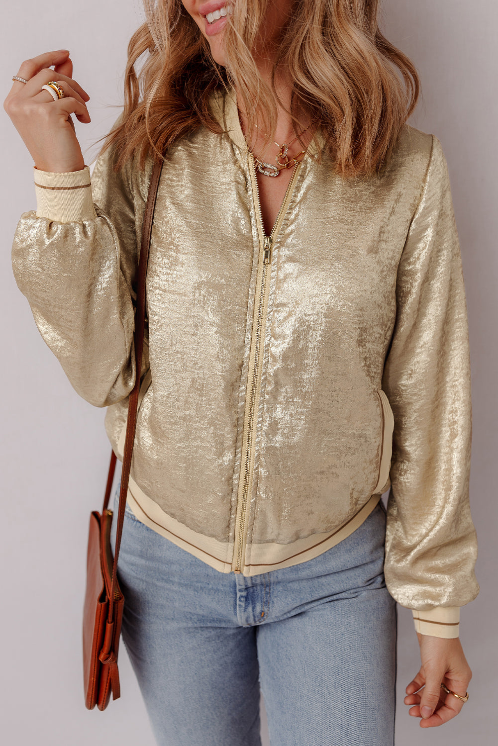 Aspen – Pale Khaki Metallic Zip-Up Baseball Jacket