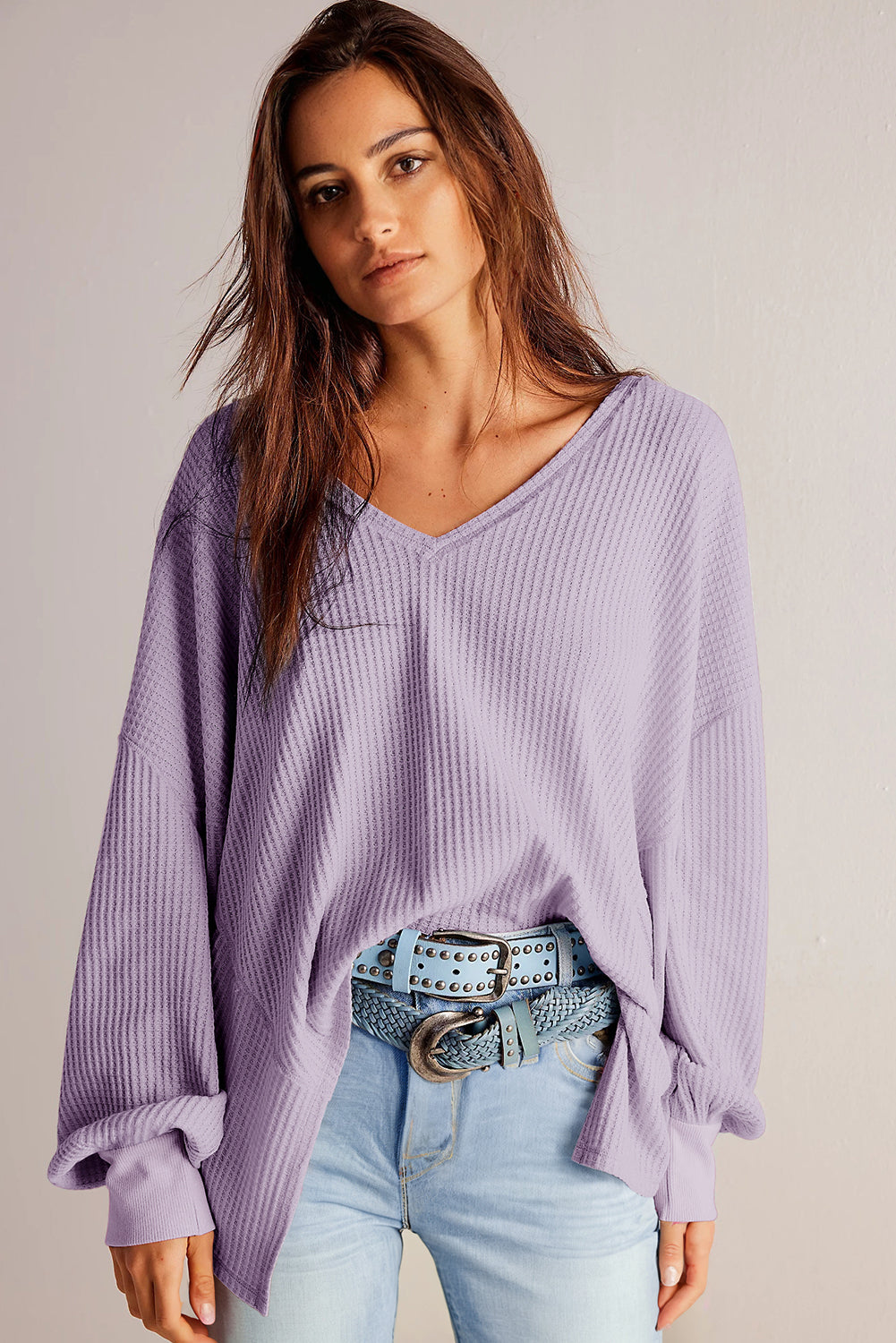 Danna – Waffle Knit V-Neck Drop Shoulder Loose Fit Blouse