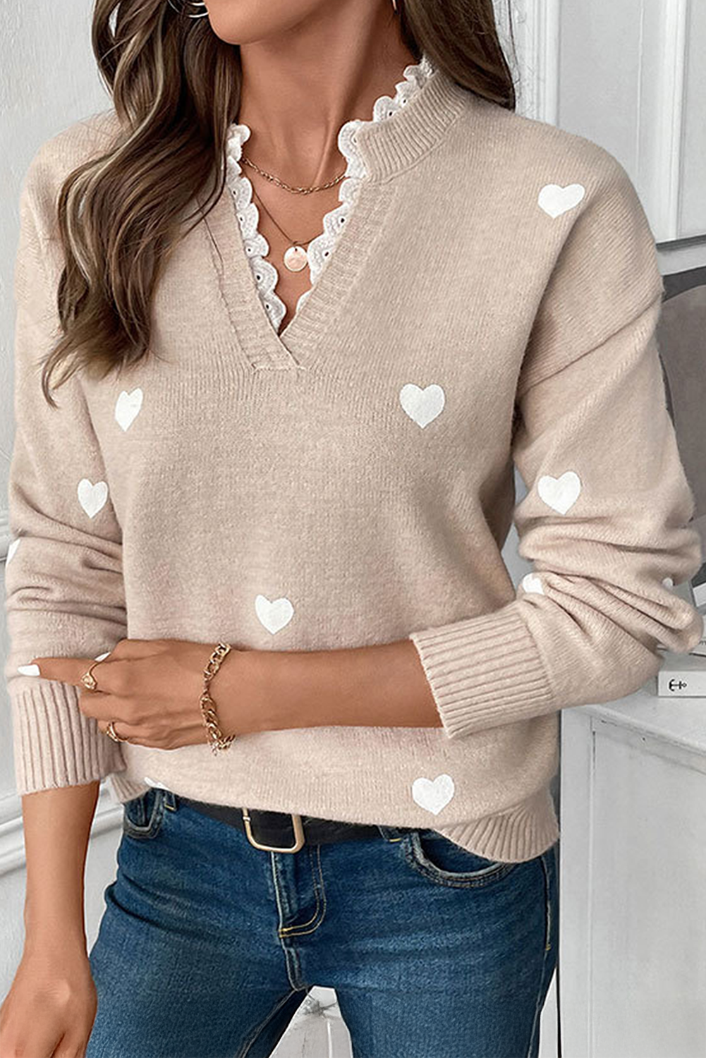 Sydney – Smoke Grey V-Neck Sweater with Heart Print