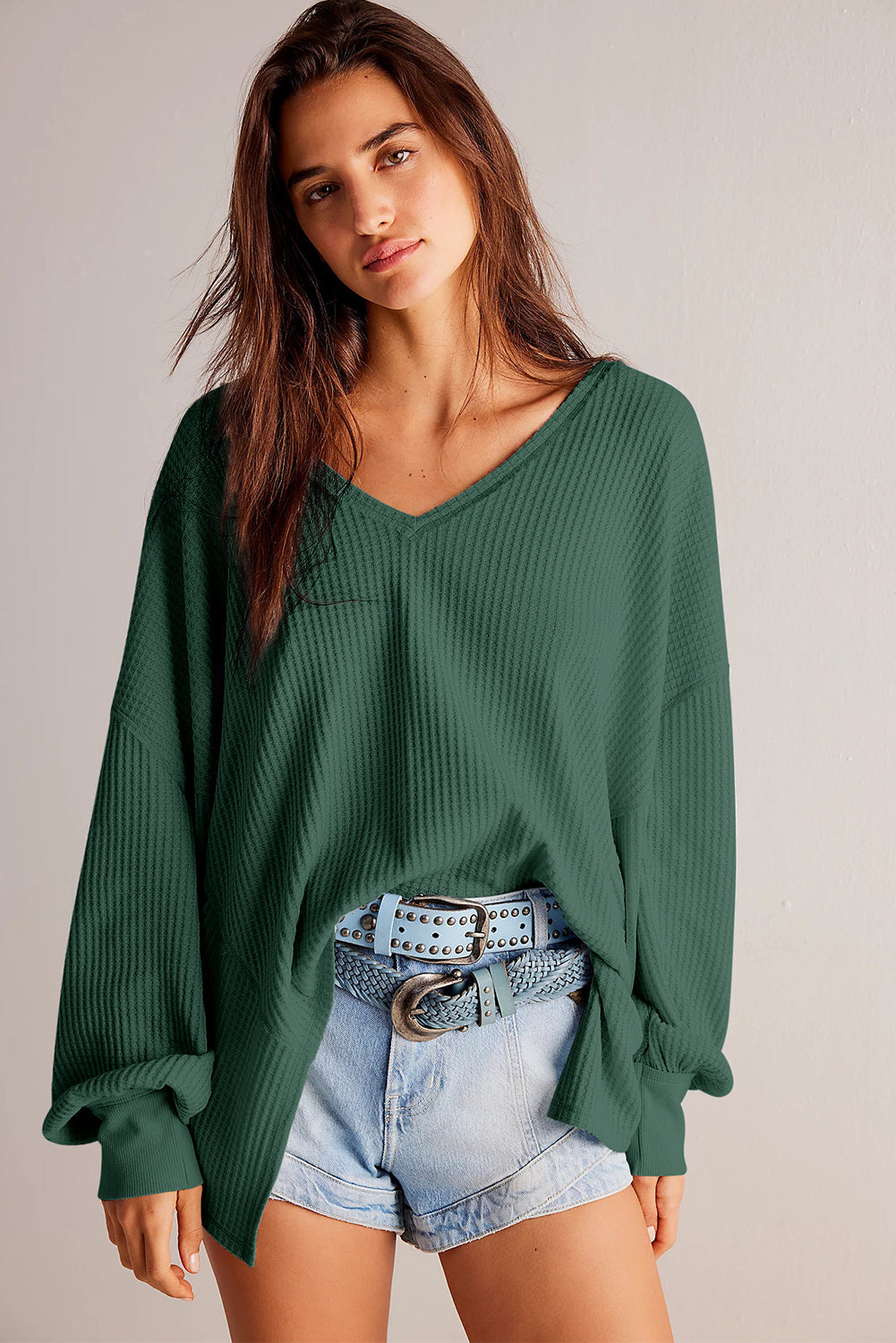 Danna – Waffle Knit V-Neck Drop Shoulder Loose Fit Blouse