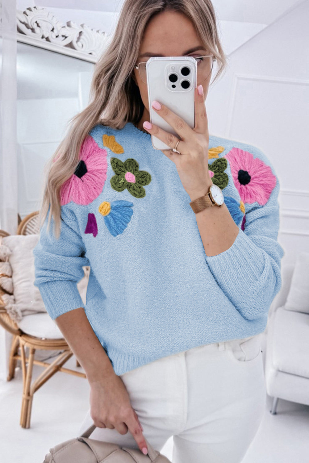 Harley – Knitted Floral Pattern Sweater with Ribbed Trim
