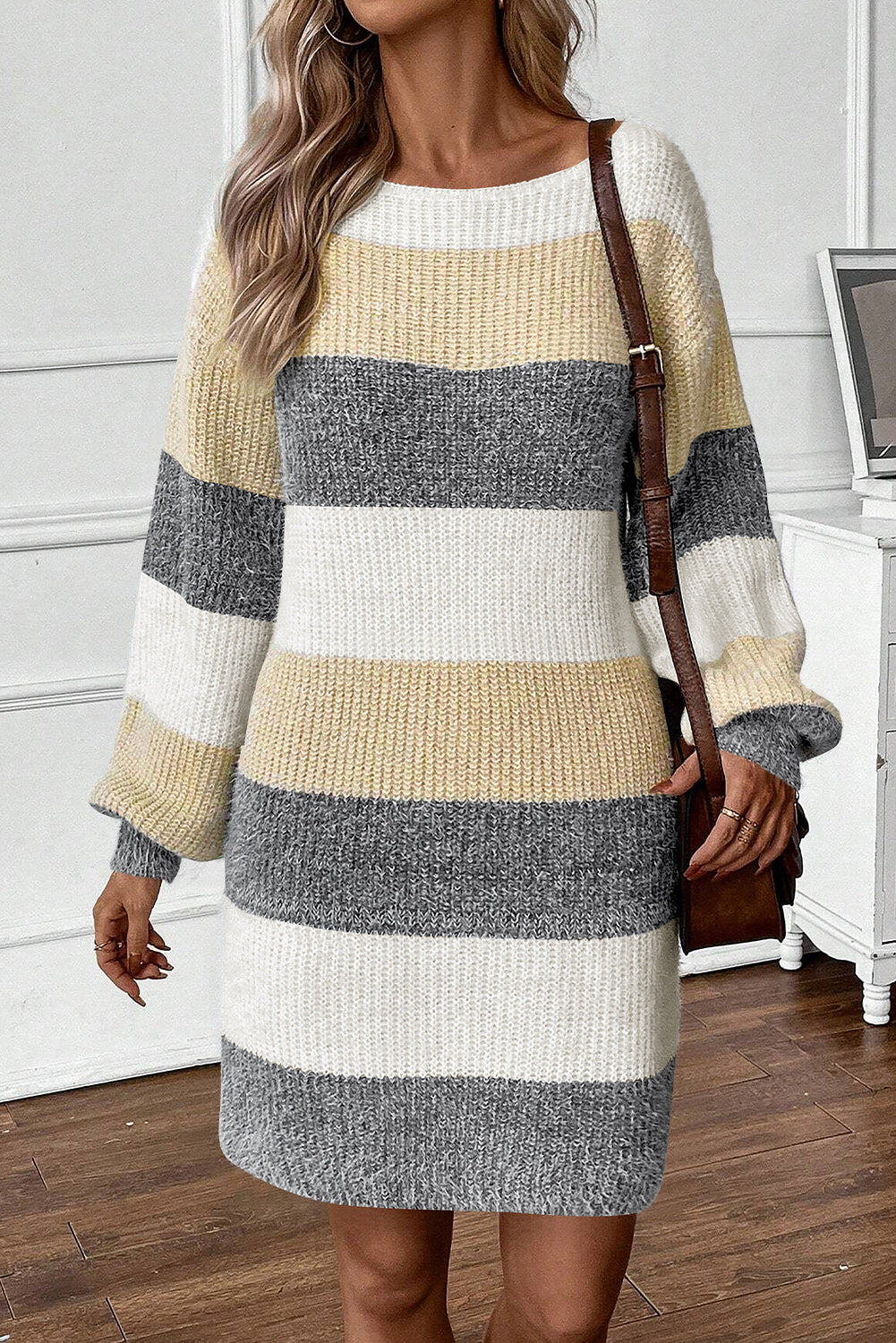 Lucille – Gray Stripe Colorblock Sweater Dress