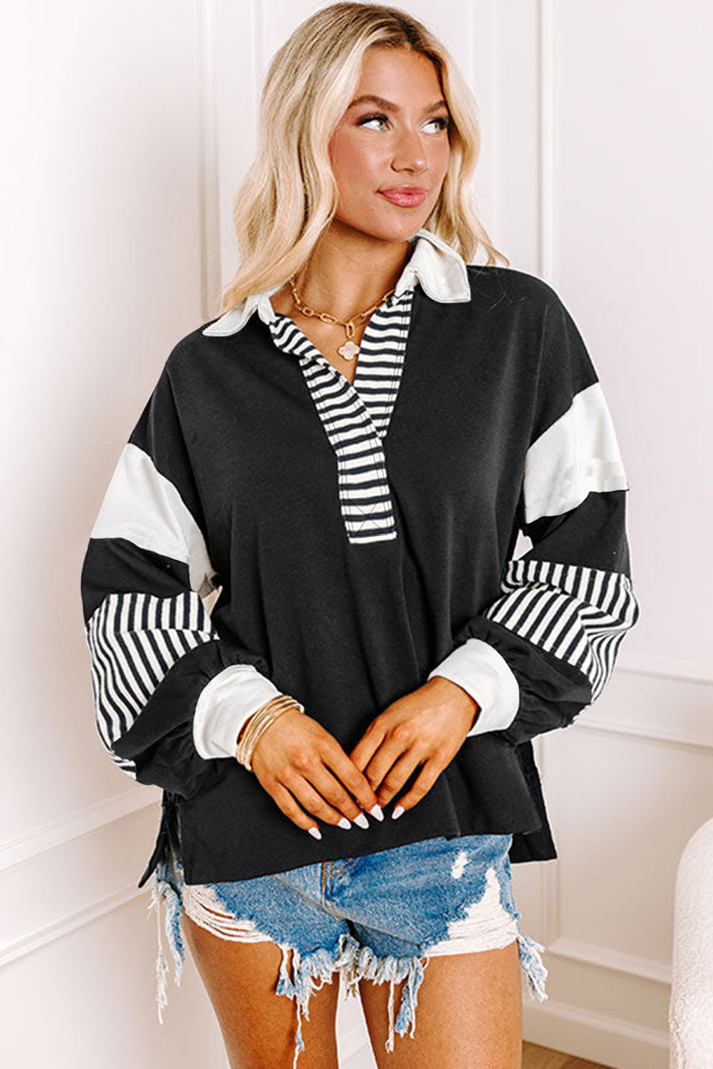Aurelia – Women's Striped Colorblock Sweatshirt with Contrast Collar