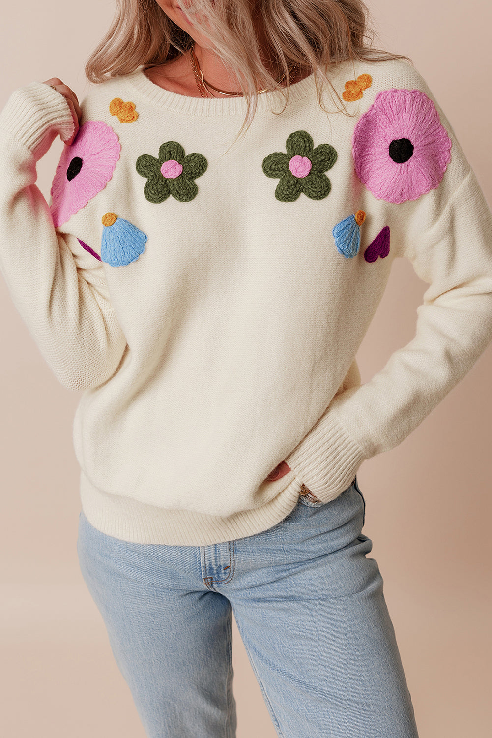 Harley – Knitted Floral Pattern Sweater with Ribbed Trim