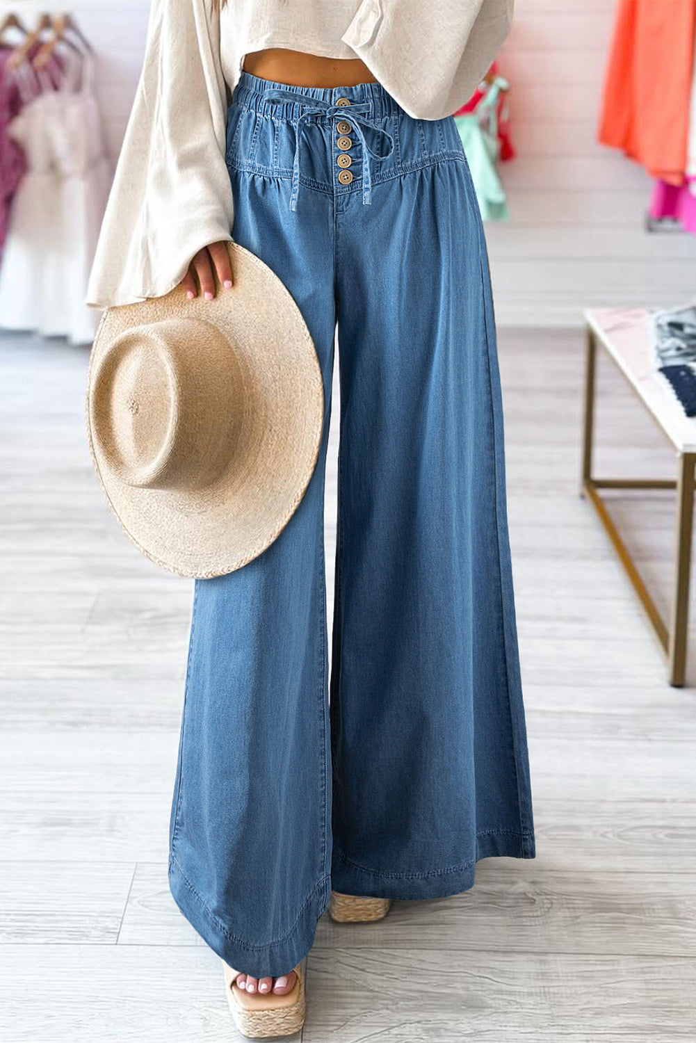 Malia – Button Fly Waist Wide Leg Jeans