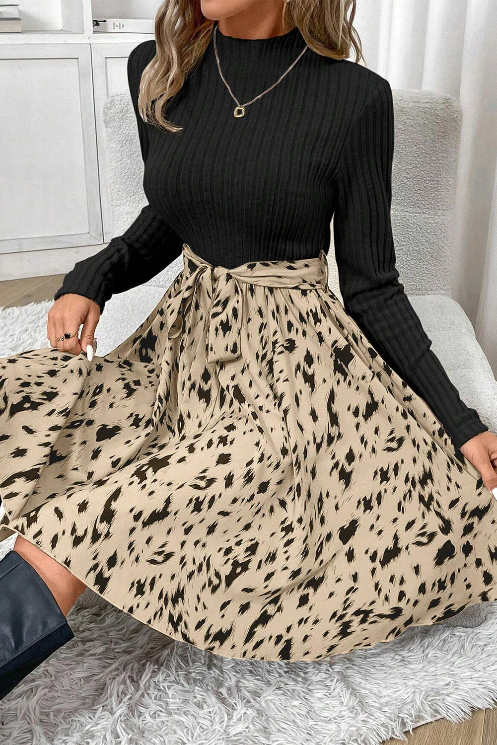 Adalyn – Black Ribbed Knit A-Line Dress