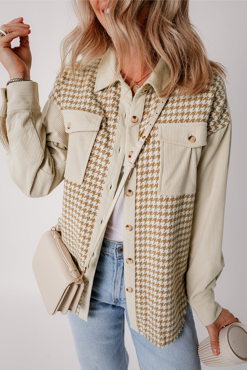 Laila – Houndstooth Patchwork Corduroy Shacket with Flap Pockets