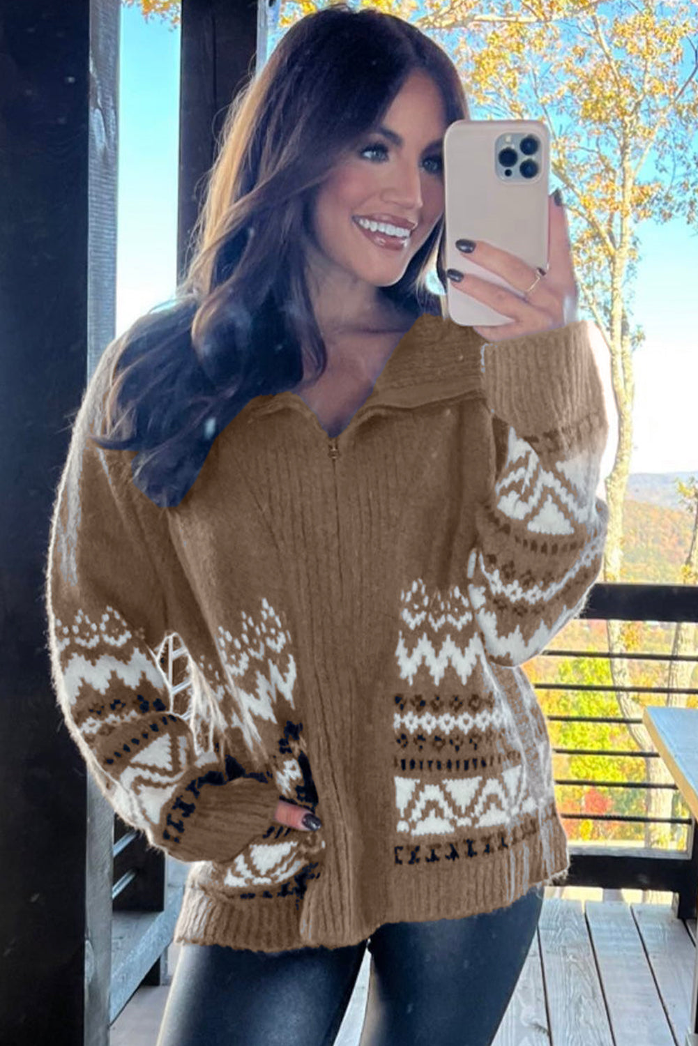 Nina – Western Print Zip-Up Knit Cardigan