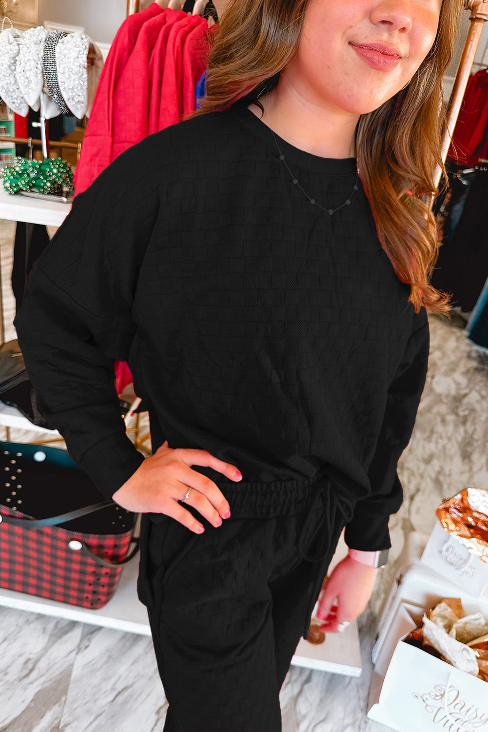 Angela – Checkered Textured Split Pullover Top and Pants Set