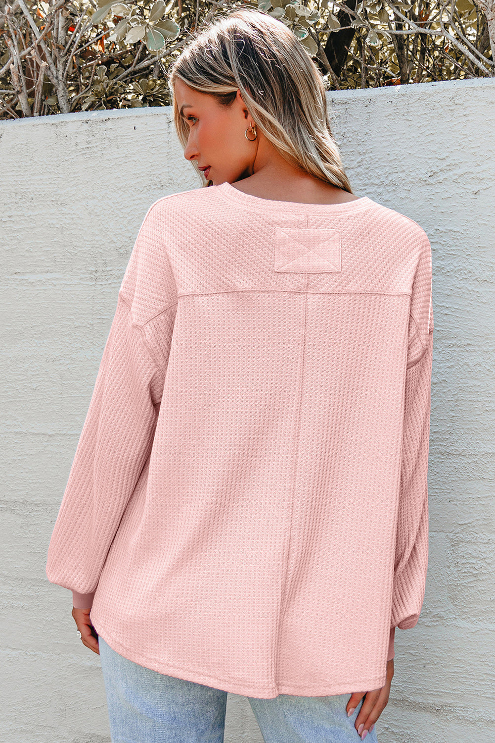 Danna – Waffle Knit V-Neck Drop Shoulder Loose Fit Blouse