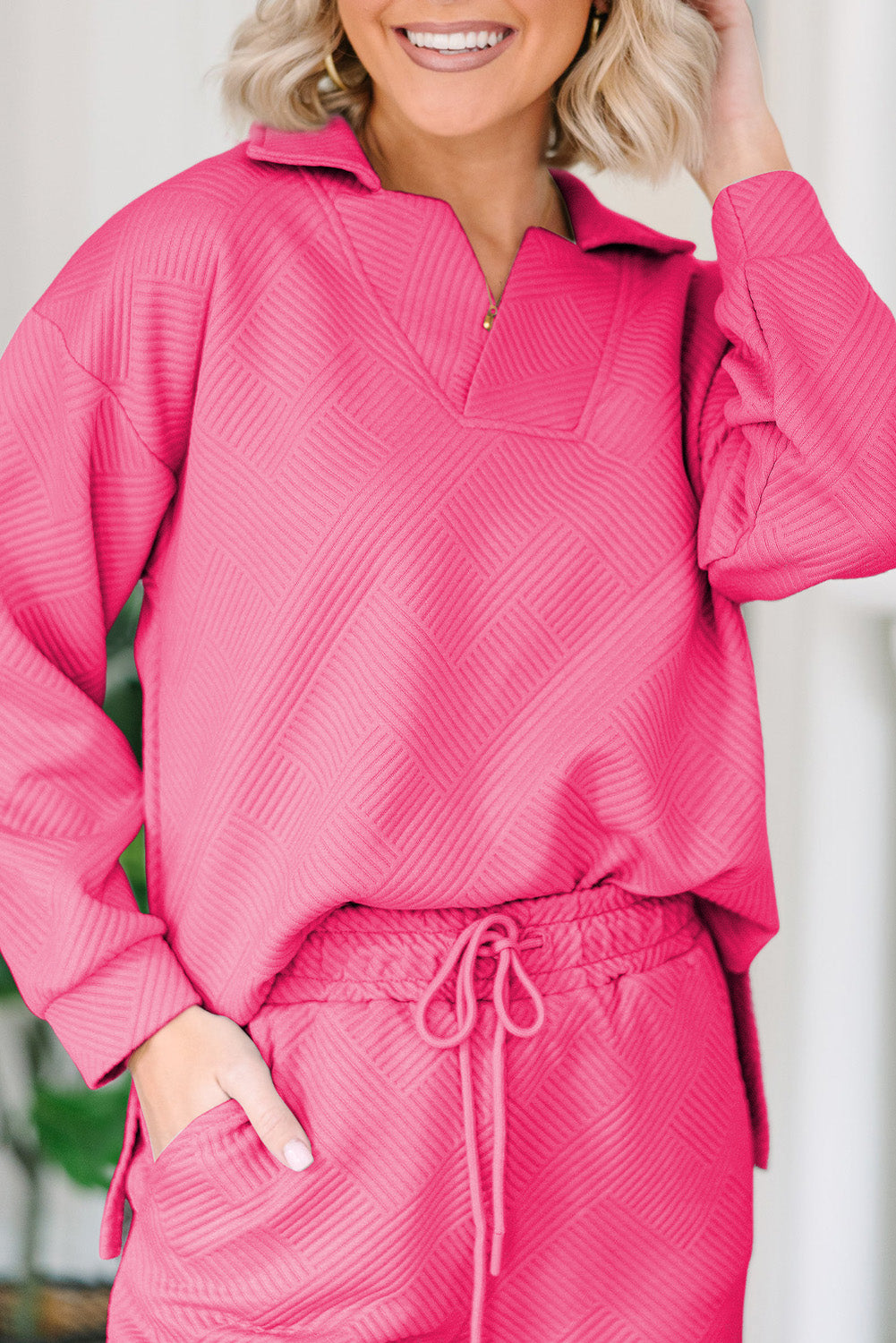 Talia – Solid Textured Collared V-Neck Top and Wide Leg Pants Set