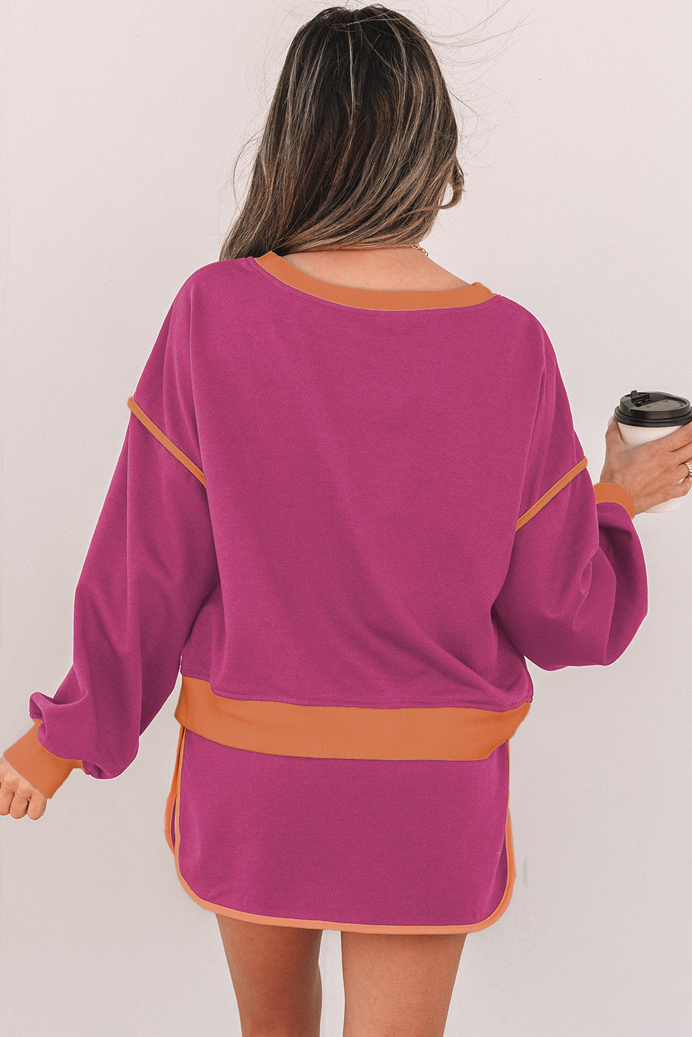 Gia – Color Contrast Loose Pullover and Lace-up Waist Skort Set