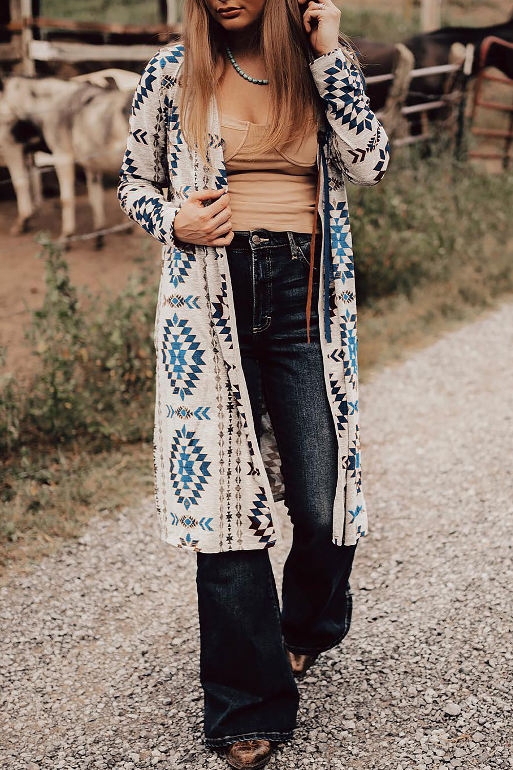 Morgan – Brown Western Aztec Printed Open Front Long Cardigan