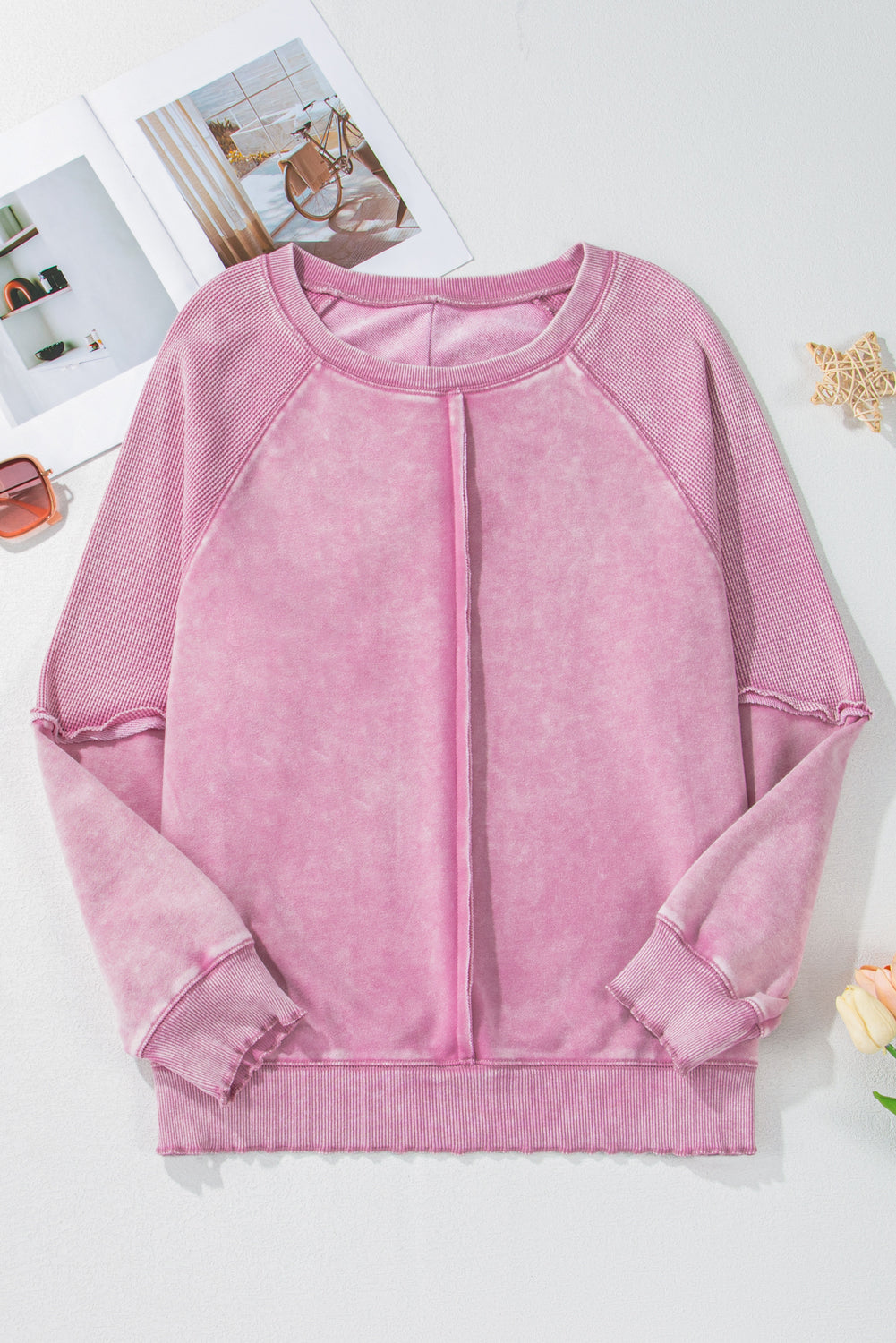 Gracelynn – Textured Waffle Knit Raglan Sleeve Pullover Sweatshirt