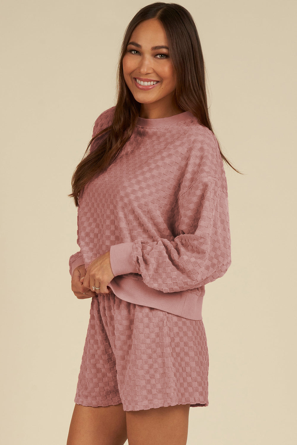 Evie – Blossom Checkered Textured Long Sleeve Top and Shorts Set