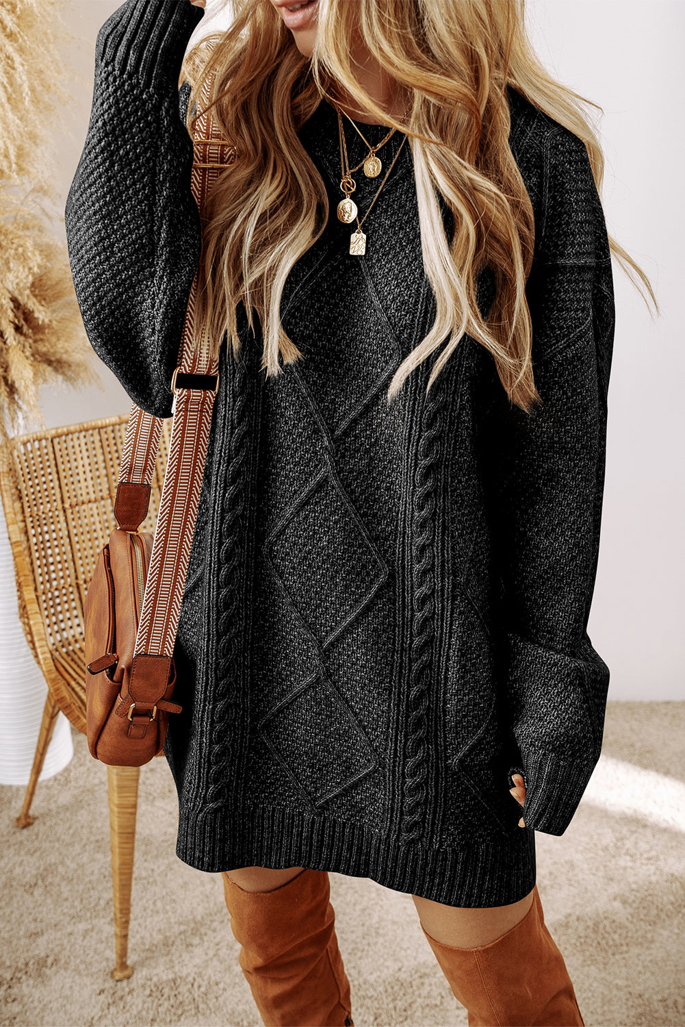 Ariel – Cable Knit Loose Fit Sweater Dress with Drop Shoulders