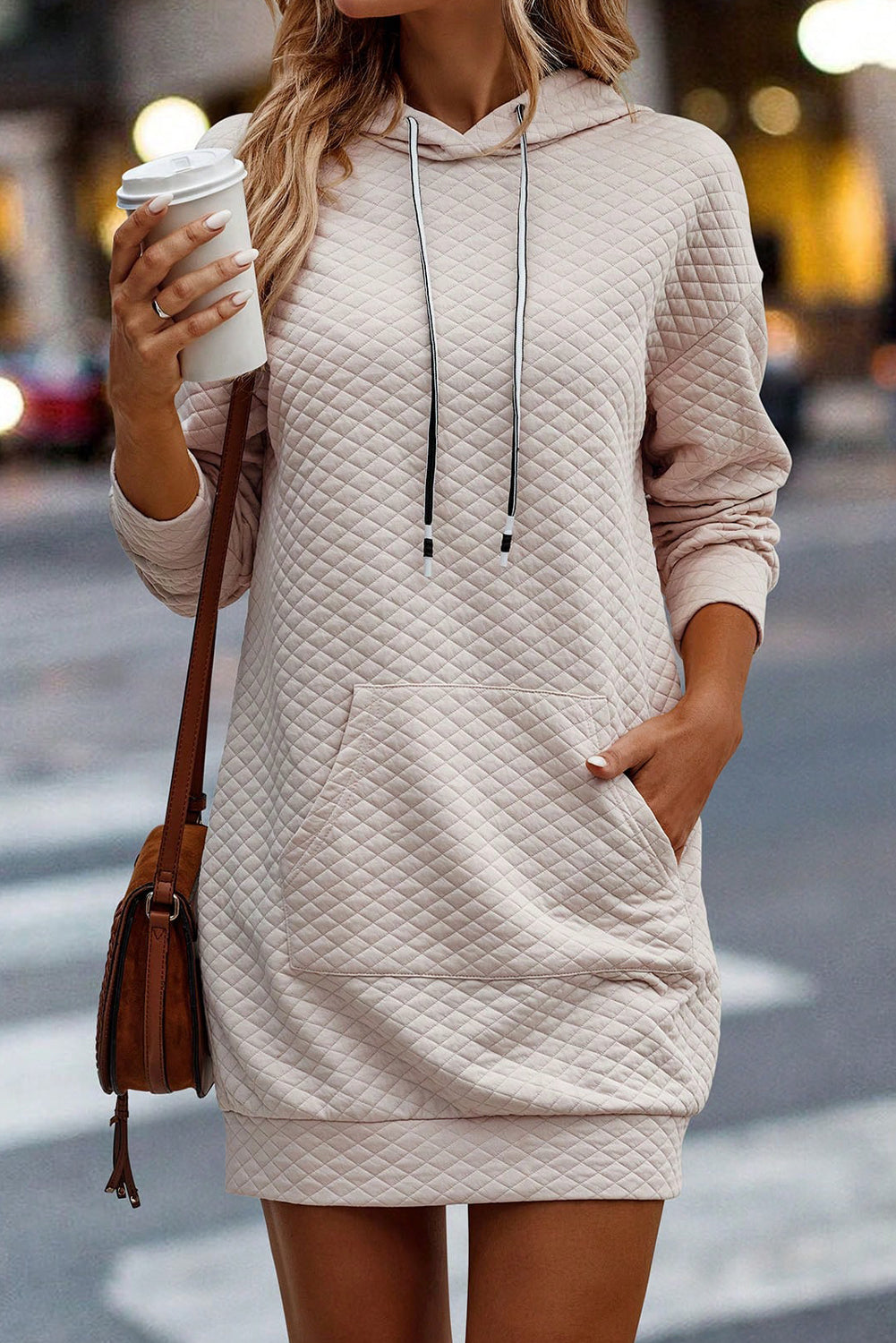 Aubree – Quilted Hooded Drawstring Dress with Kangaroo Pocket