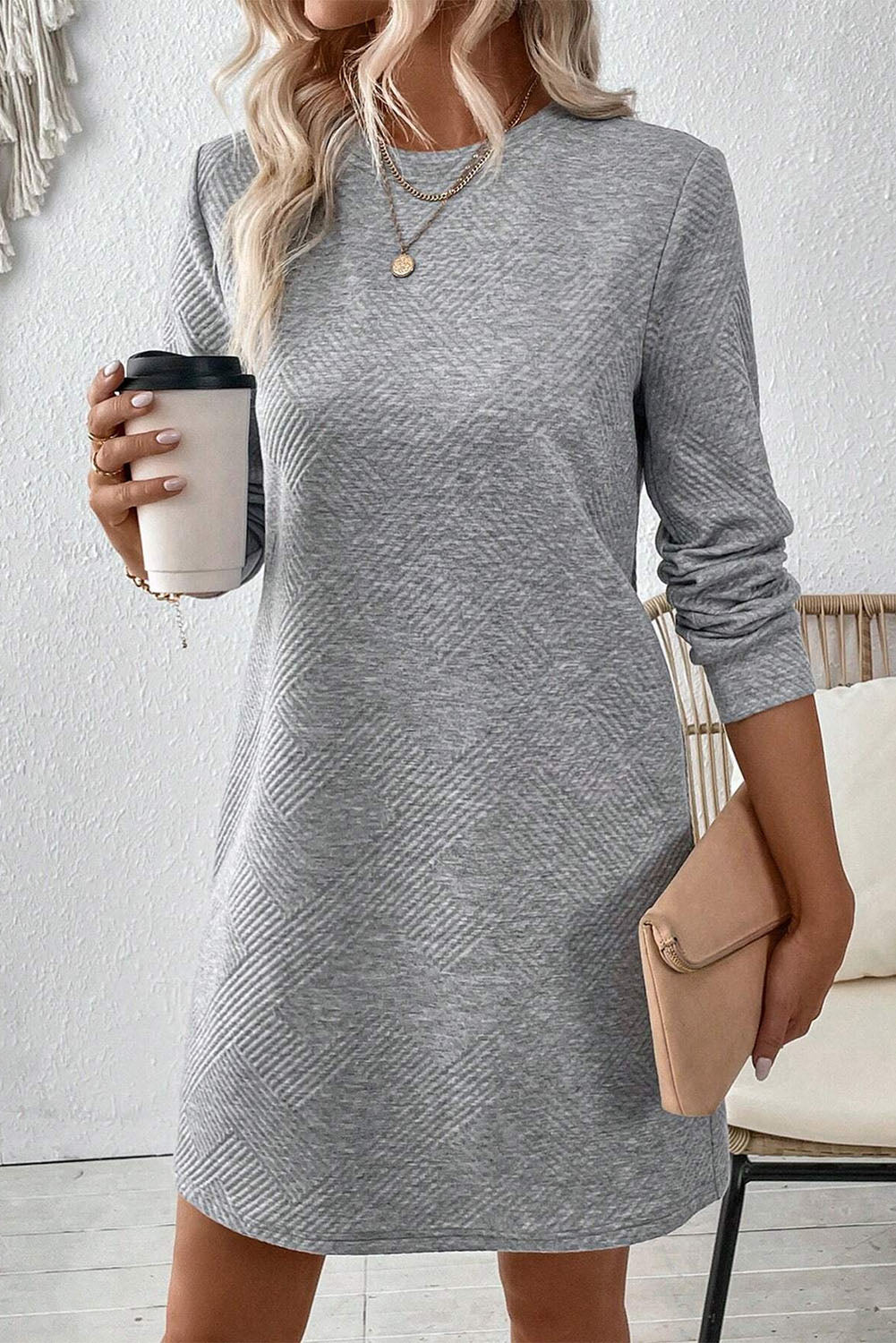 Alaina – Gray Textured Long Sleeve Mini Shift Dress