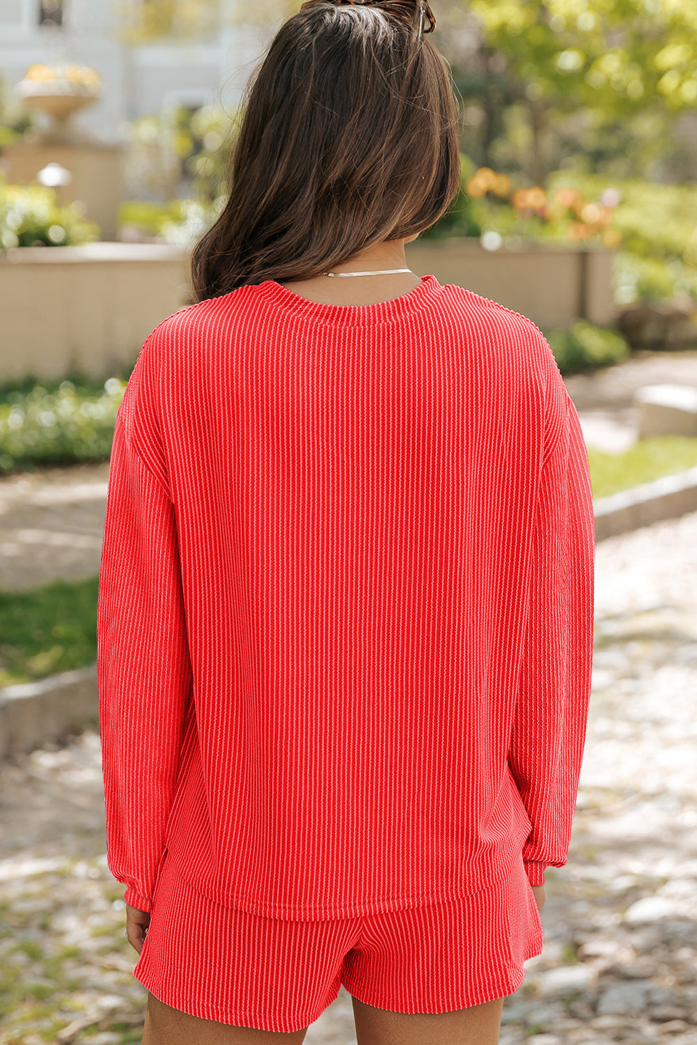 Lena – Corded Knit Long Sleeve Top and High Waist Shorts Set