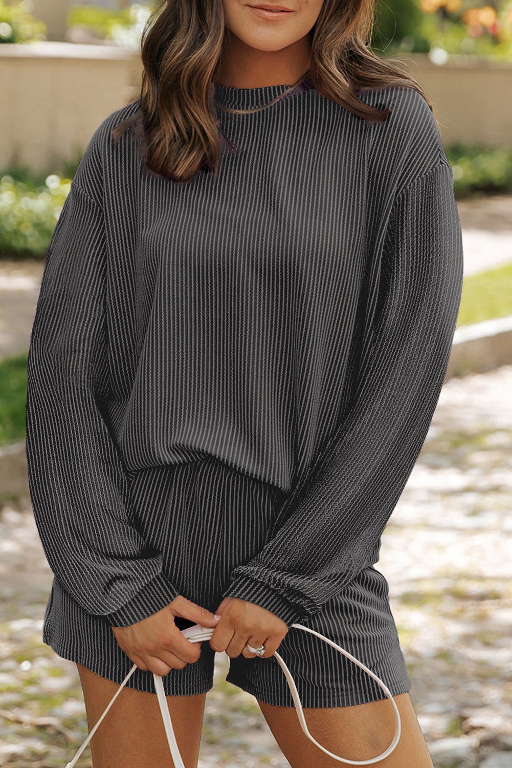 Lena – Corded Knit Long Sleeve Top and High Waist Shorts Set