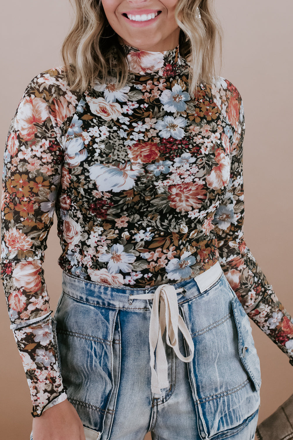 Vivienne – Brown Floral Long Sleeve High Neck Mesh Blouse