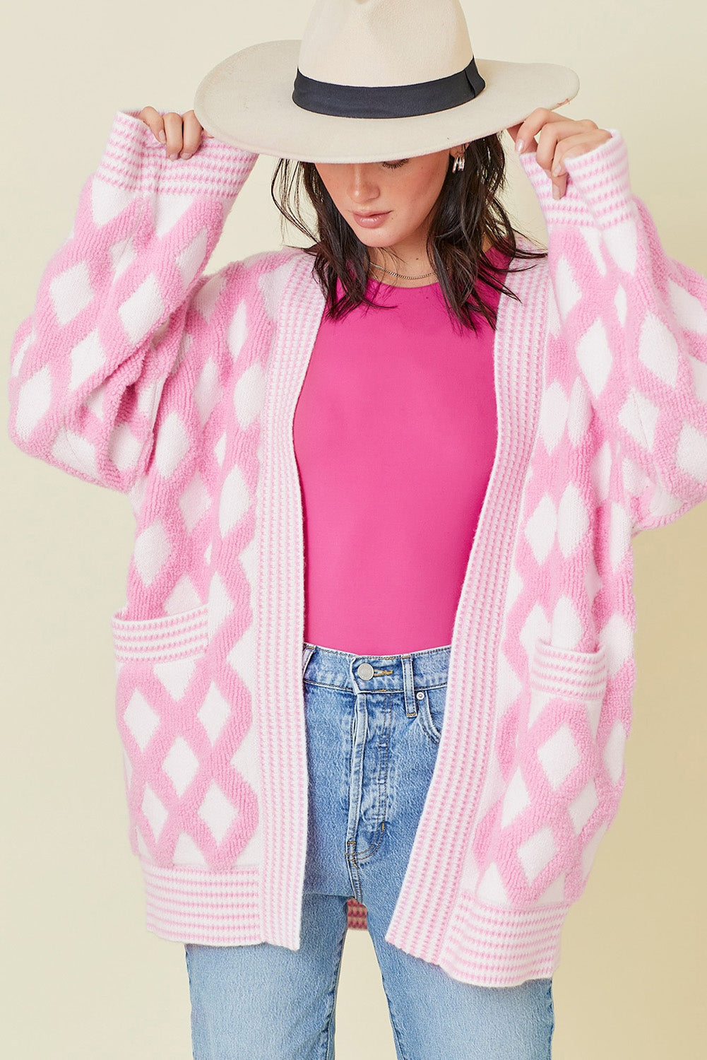 Esme – Rhombus Knit Open-Front Cardigan with Pockets