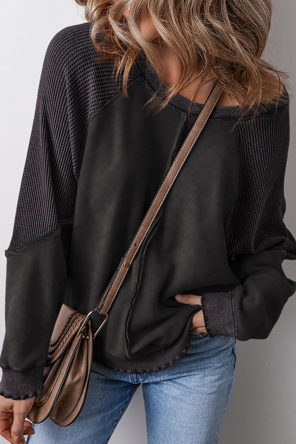 Gracelynn – Textured Waffle Knit Raglan Sleeve Pullover Sweatshirt
