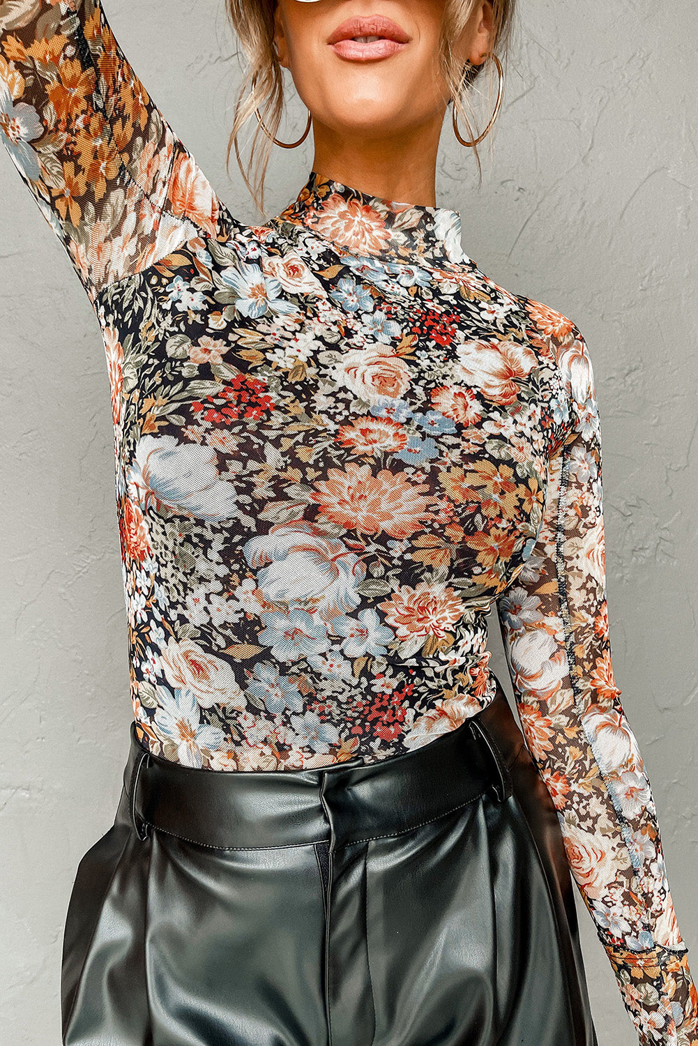 Vivienne – Brown Floral Long Sleeve High Neck Mesh Blouse