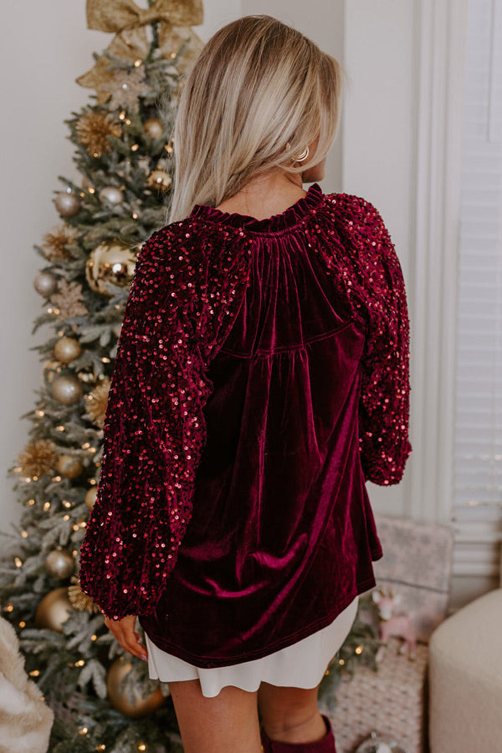 Serena – Women’s Velvet Button-Up Top with Sequin Patchwork Sleeves