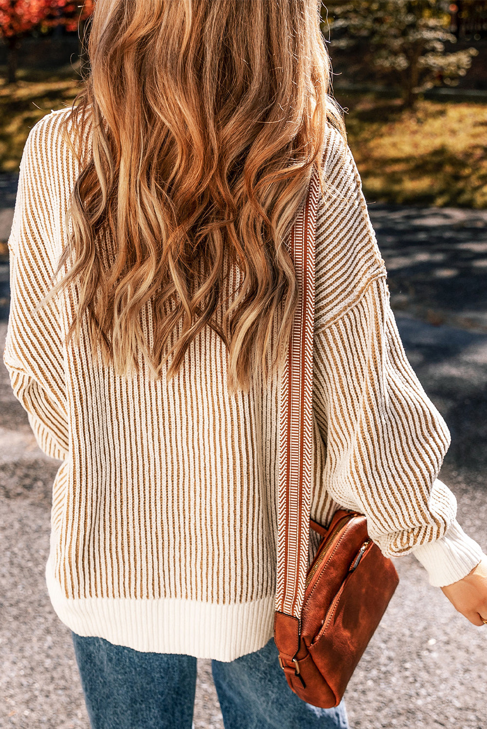 Navy – Women's Striped Textured Knit Loose Fit Sweater