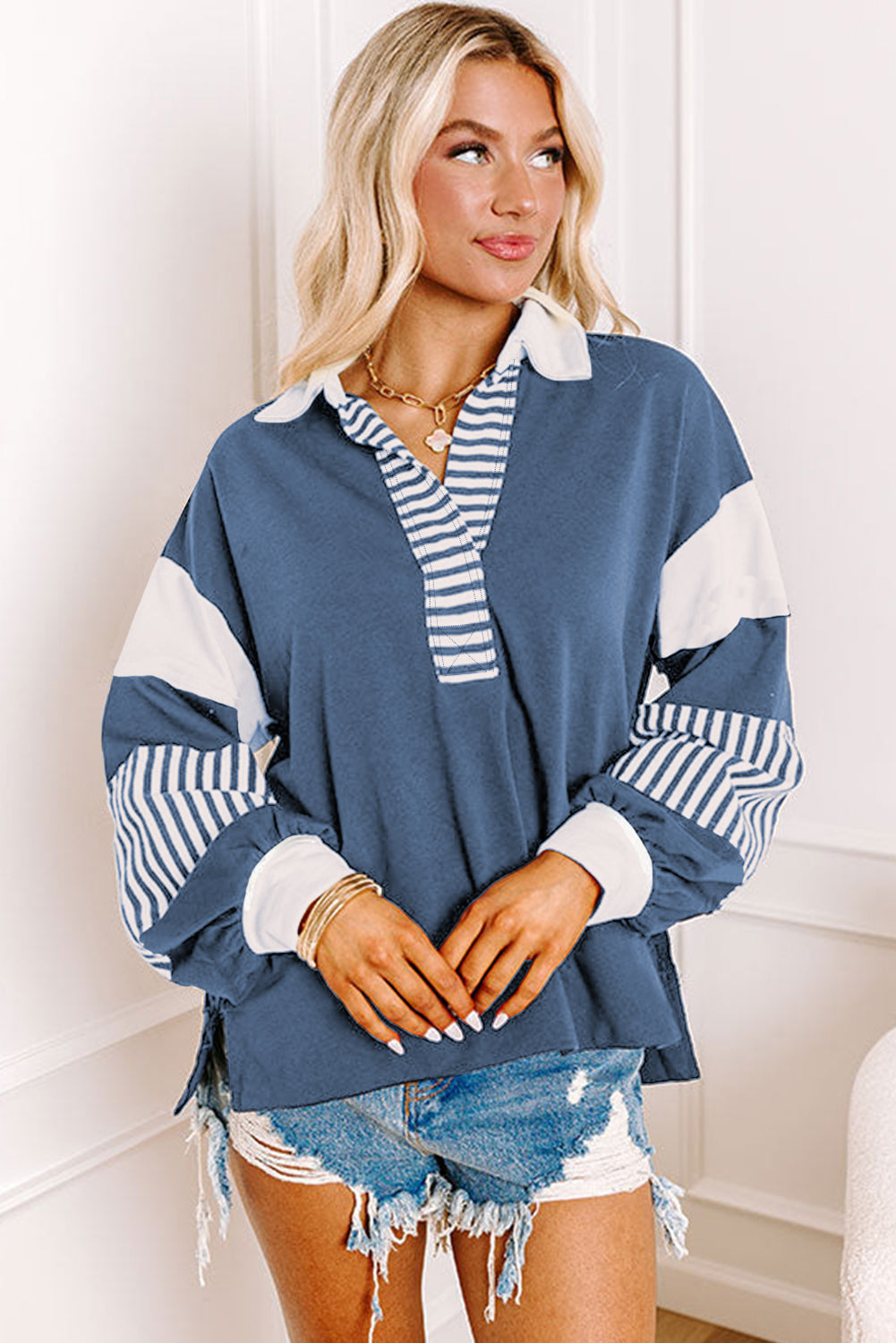 Aurelia – Women's Striped Colorblock Sweatshirt with Contrast Collar