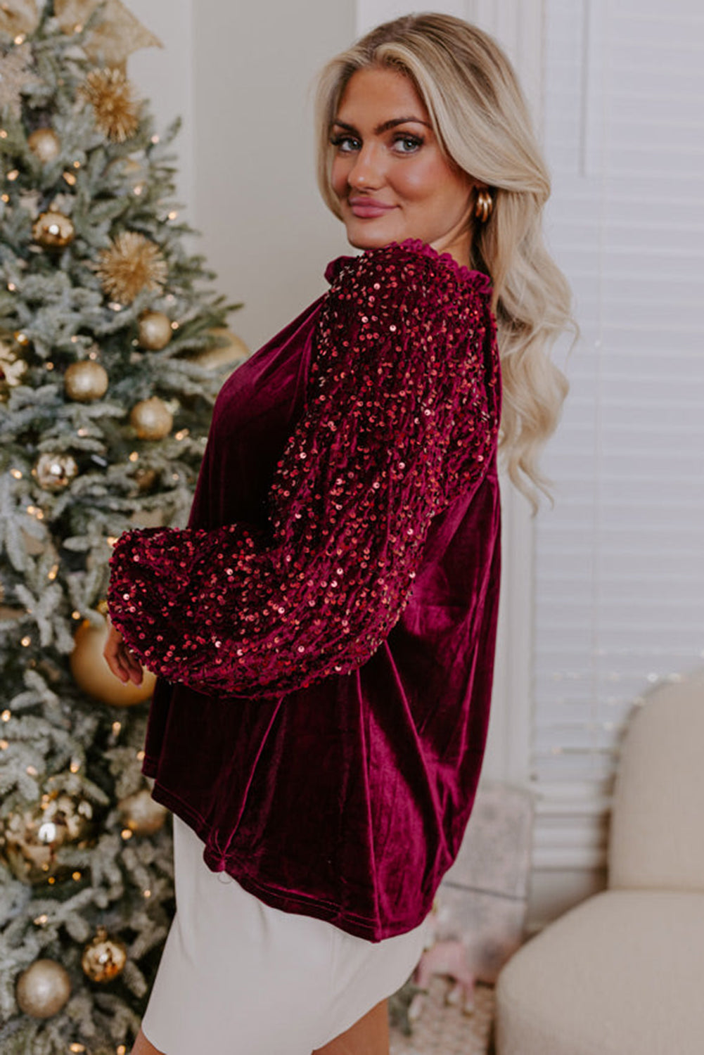Serena – Women’s Velvet Button-Up Top with Sequin Patchwork Sleeves