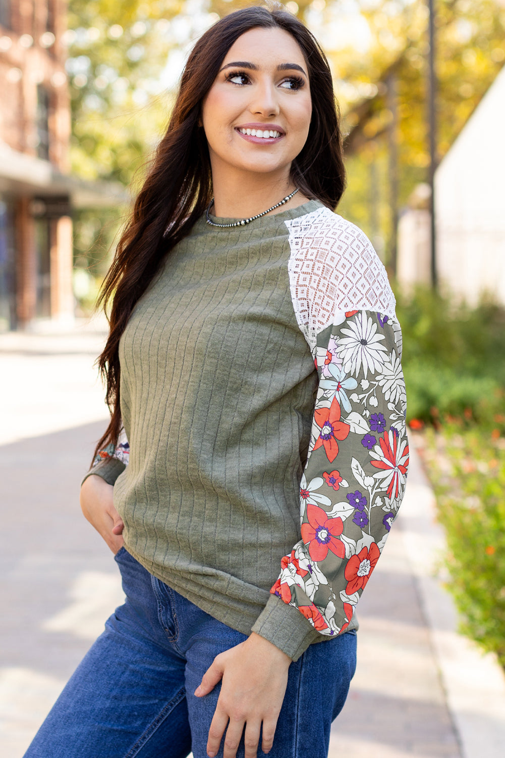 Vera – Floral Patchwork Ribbed Knit Long Sleeve Blouse