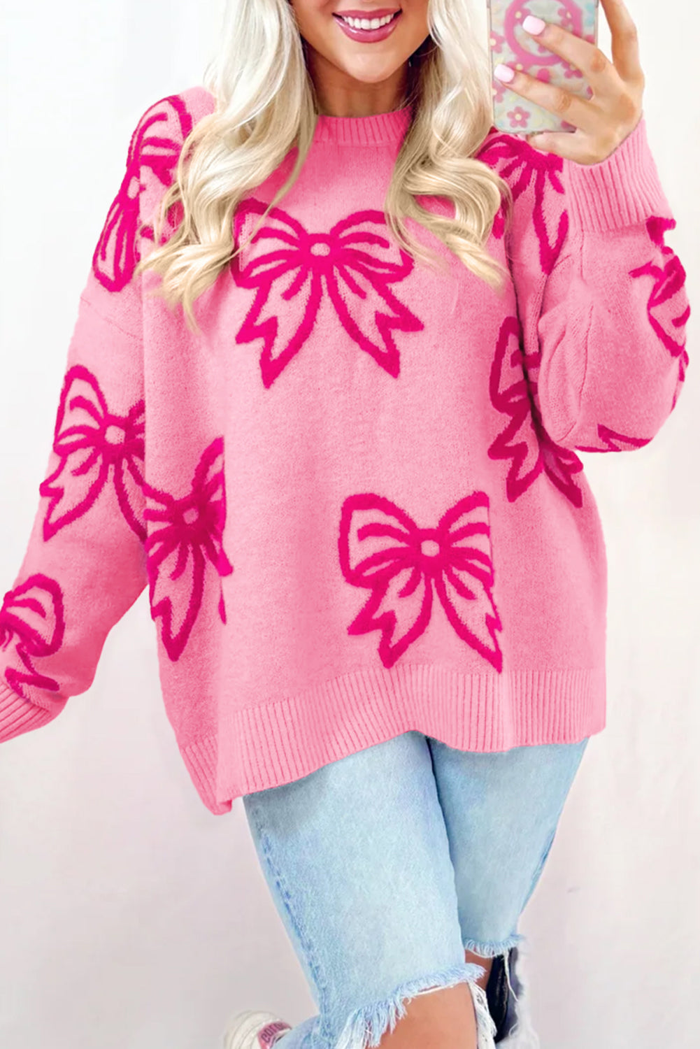 Teagan – Bow Pattern Drop Shoulder Knit Sweater