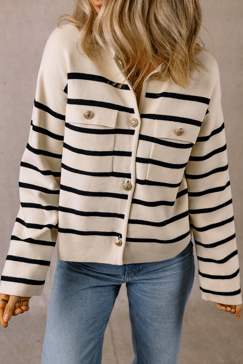 Itzel – Women's Striped Knit Cardigan with Flap Pockets