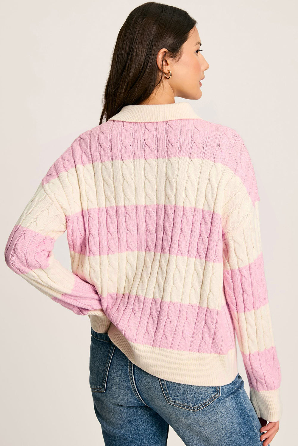 Raya – Cable Knit Striped Henley Sweater with Collar