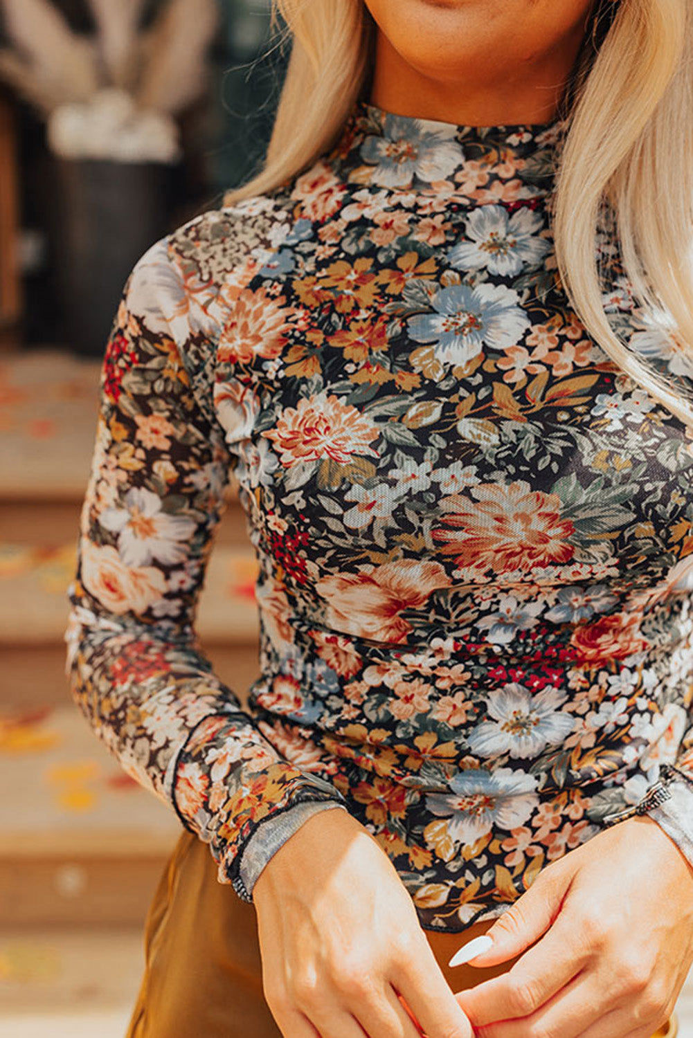 Vivienne – Brown Floral Long Sleeve High Neck Mesh Blouse