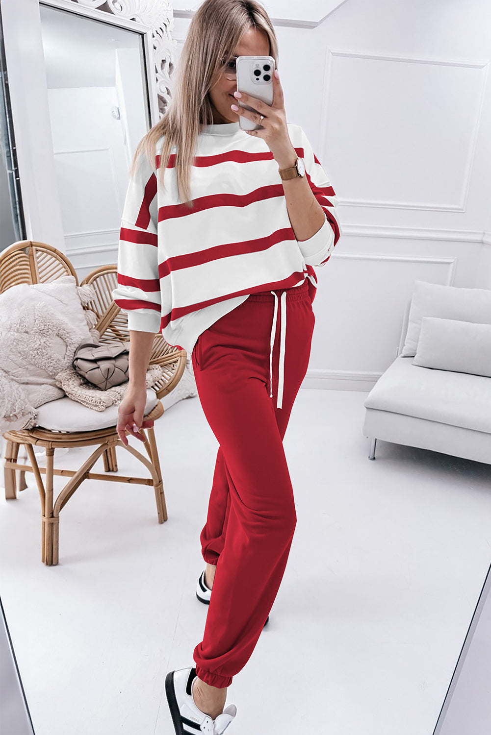 Elaina – Striped Drop Shoulder Pullover and Jogger Pants Set