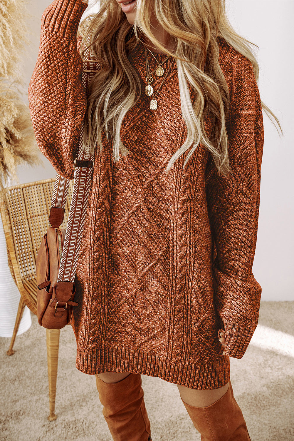 Ariel – Cable Knit Loose Fit Sweater Dress with Drop Shoulders