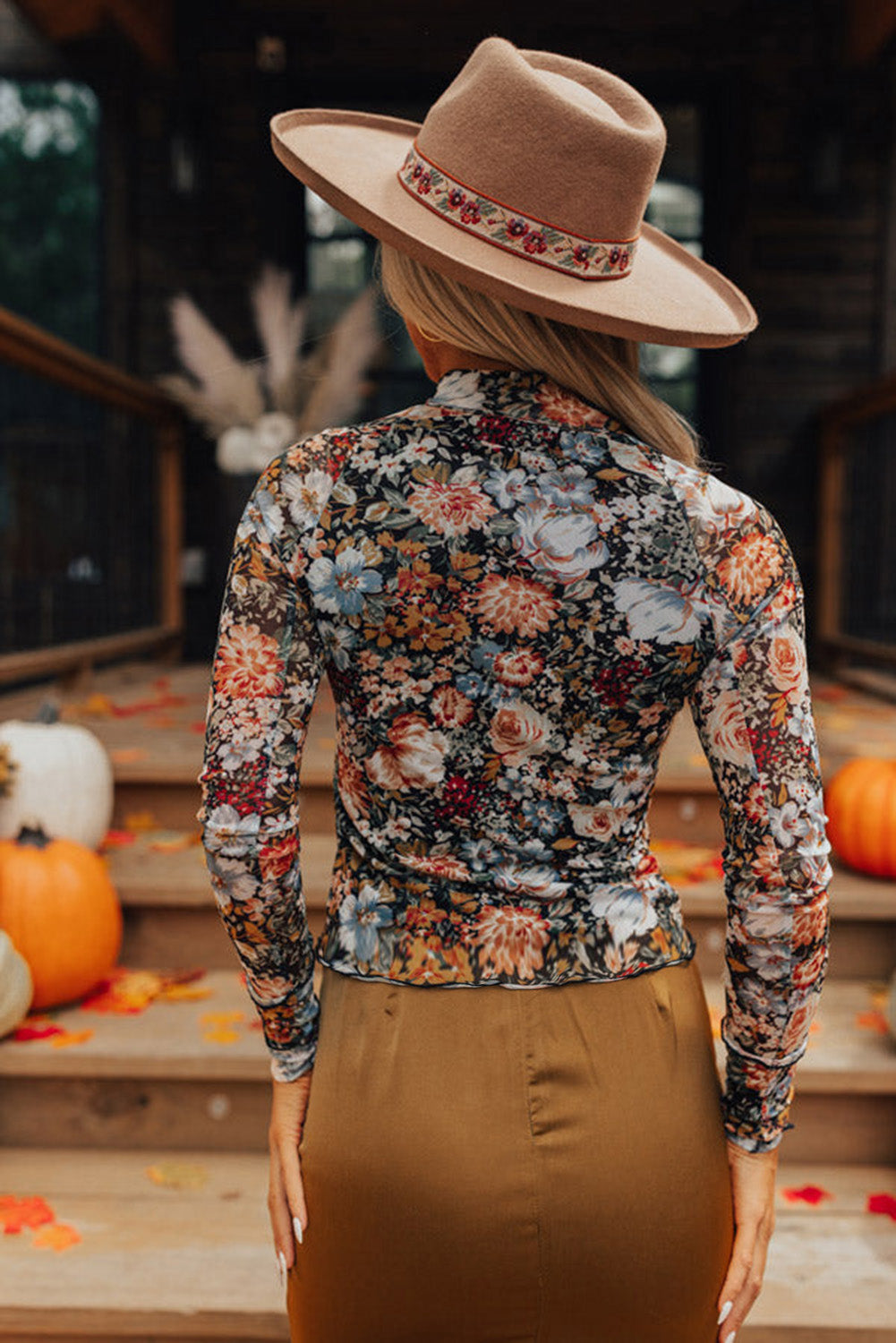 Vivienne – Brown Floral Long Sleeve High Neck Mesh Blouse